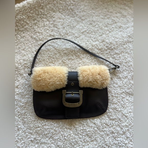 UGG Shearling Leather Clutch Shoulder Bag Brown 8inx5.5in Cozy Mini Purse - Picture 5 of 5